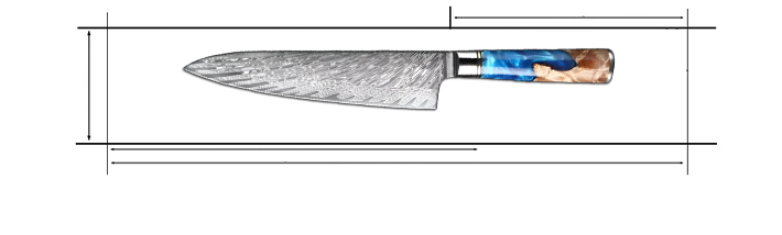 Damascus Steel 8 inch chef Knife with Coloured Blue Resin Handle Measurement