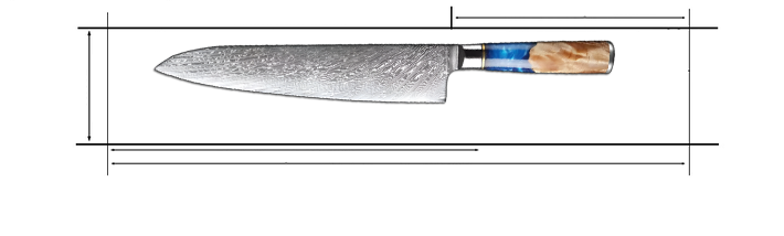 Damascus Steel 9 inch chef Knife with Coloured Blue Resin Handle Measurement