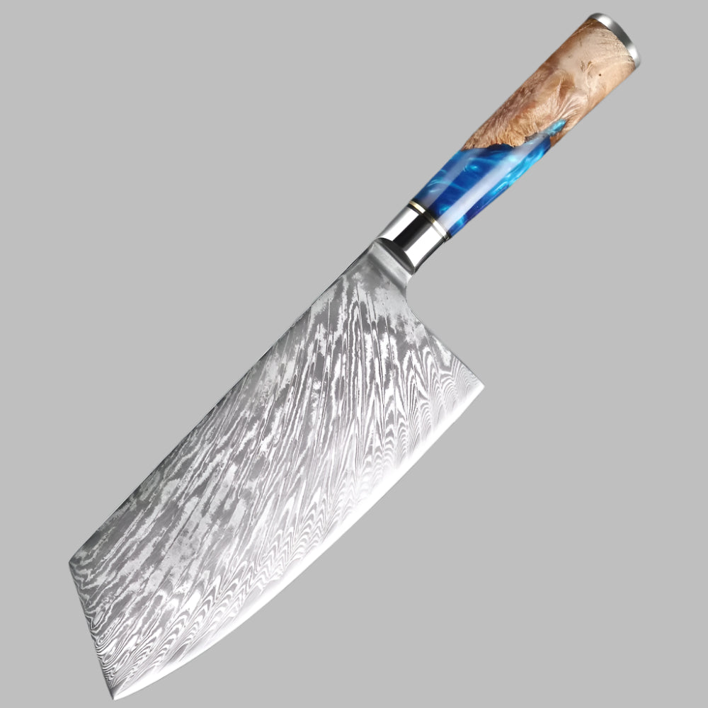 7 Inch Cleaver knife Damascus Steel Knife with Coloured Blue Resin Handle