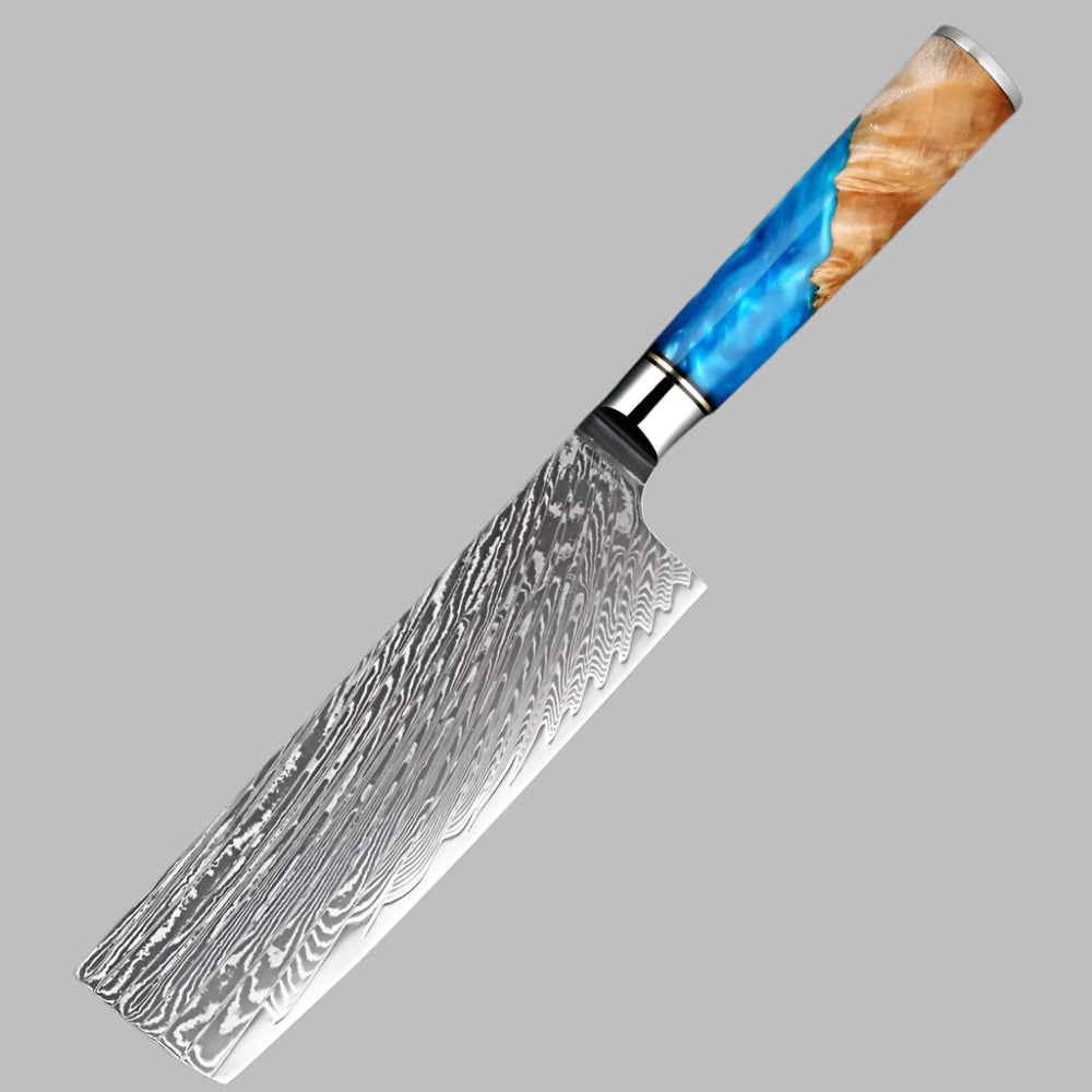 7 Inch Nakiri knife Damascus Steel Knife with Coloured Blue Resin Handle