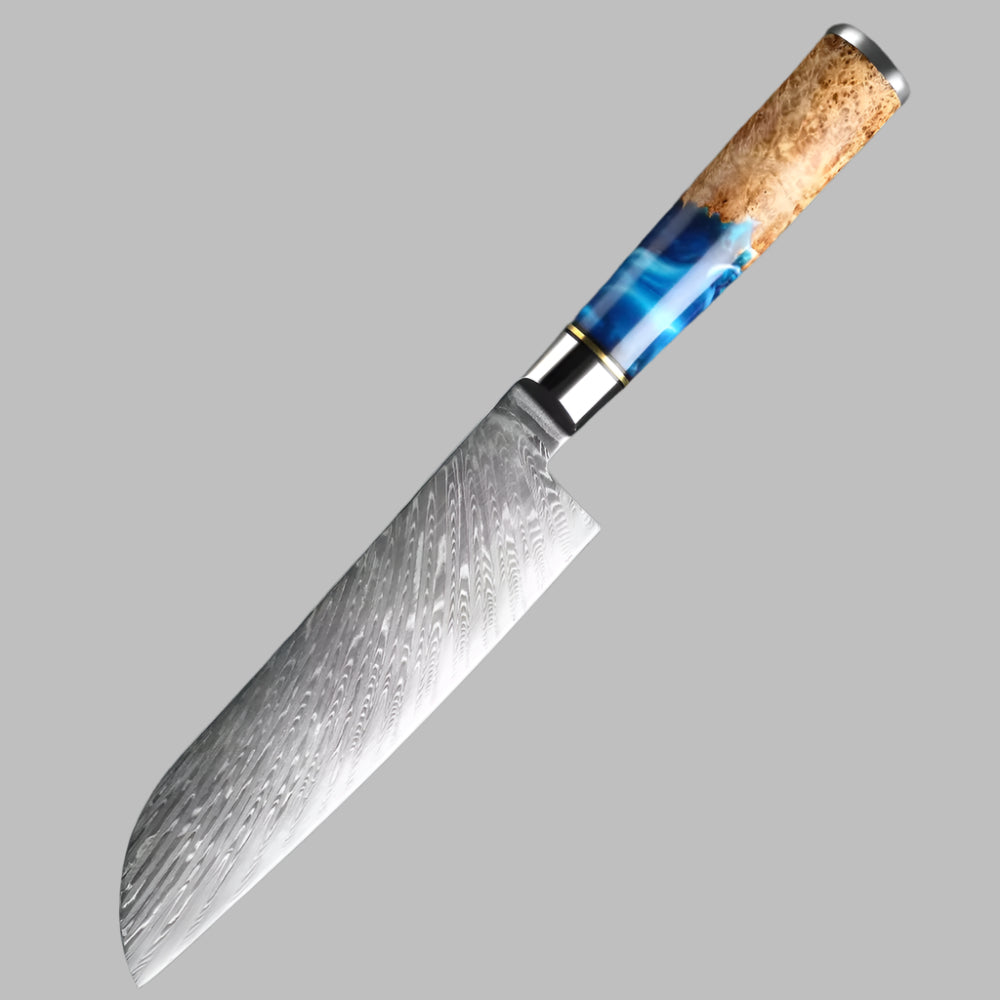 7 Inch Santoku knife Damascus Steel Knife with Coloured Blue Resin Handle