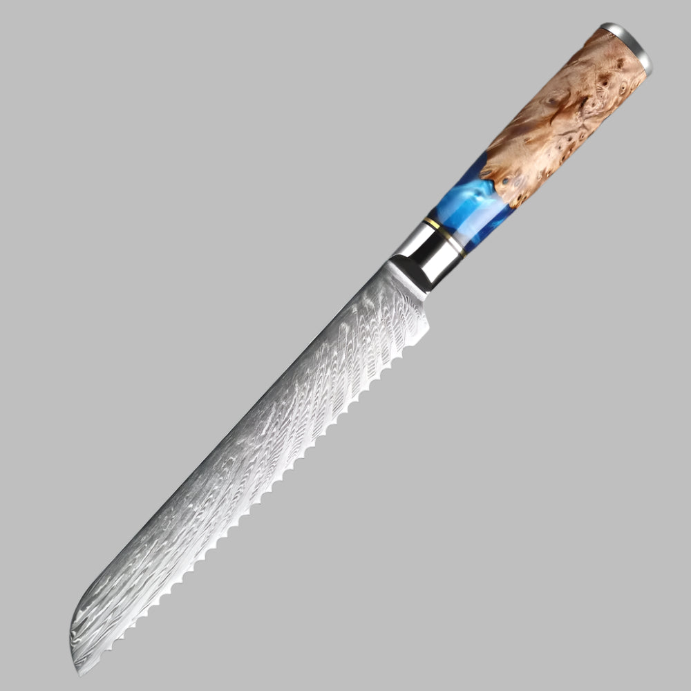 8 Inch bread knife Damascus Steel Knife with Coloured Blue Resin Handle