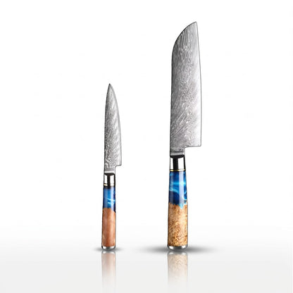Two knives with wooden handles on a white background