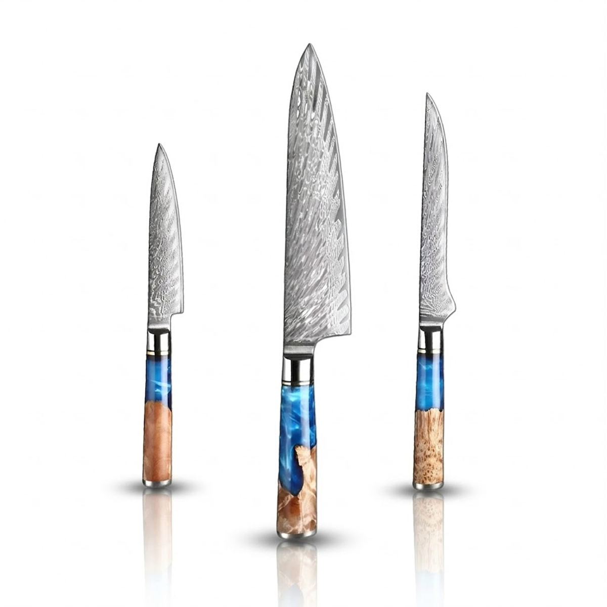 3-Piece Japanese VG10 Damascus Kitchen Knife Set – Blue Resin Wood Handle