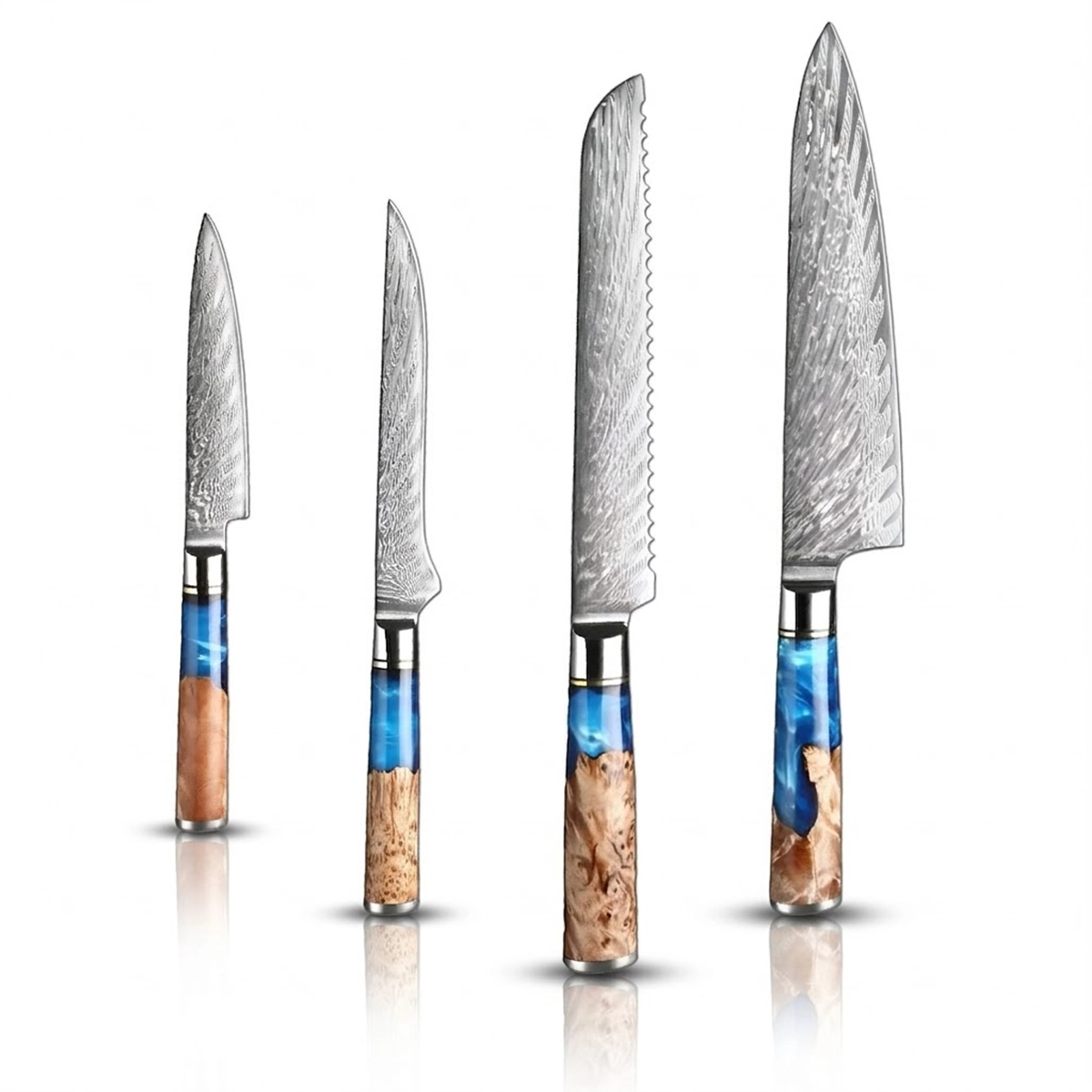 4-Piece Japanese VG10 Damascus Kitchen Knife Set – Blue Resin Wood Handle