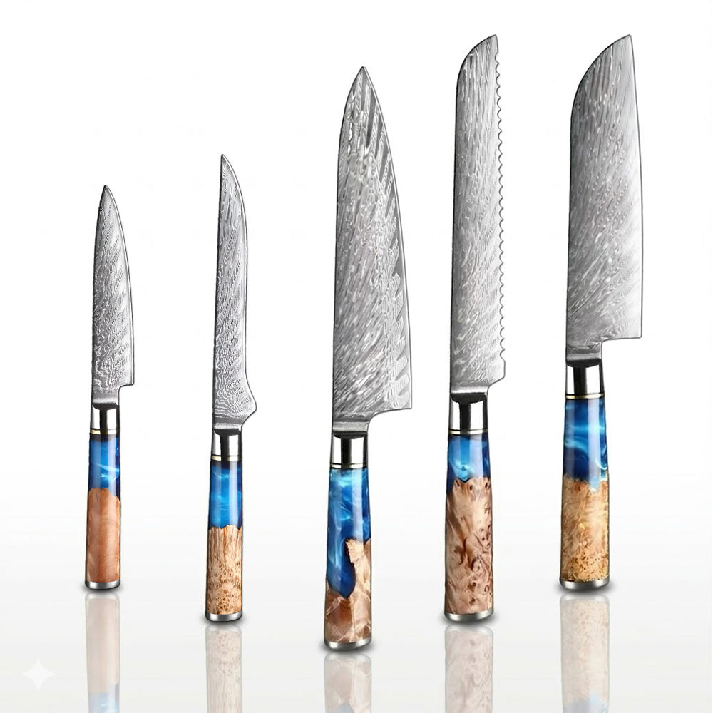 Set of five knives with decorative handles on a white background