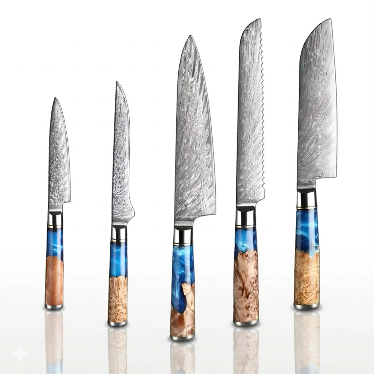 5-Piece Japanese VG10 Damascus Kitchen Knife Set – Blue Resin Wood Handle