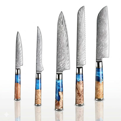 Set of five knives with decorative handles on a white background