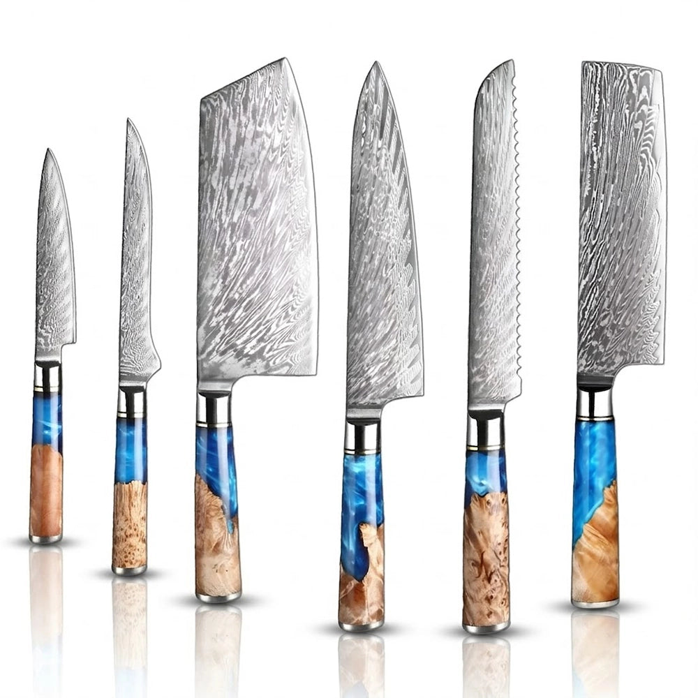 Set of six knives with unique handles on a white background