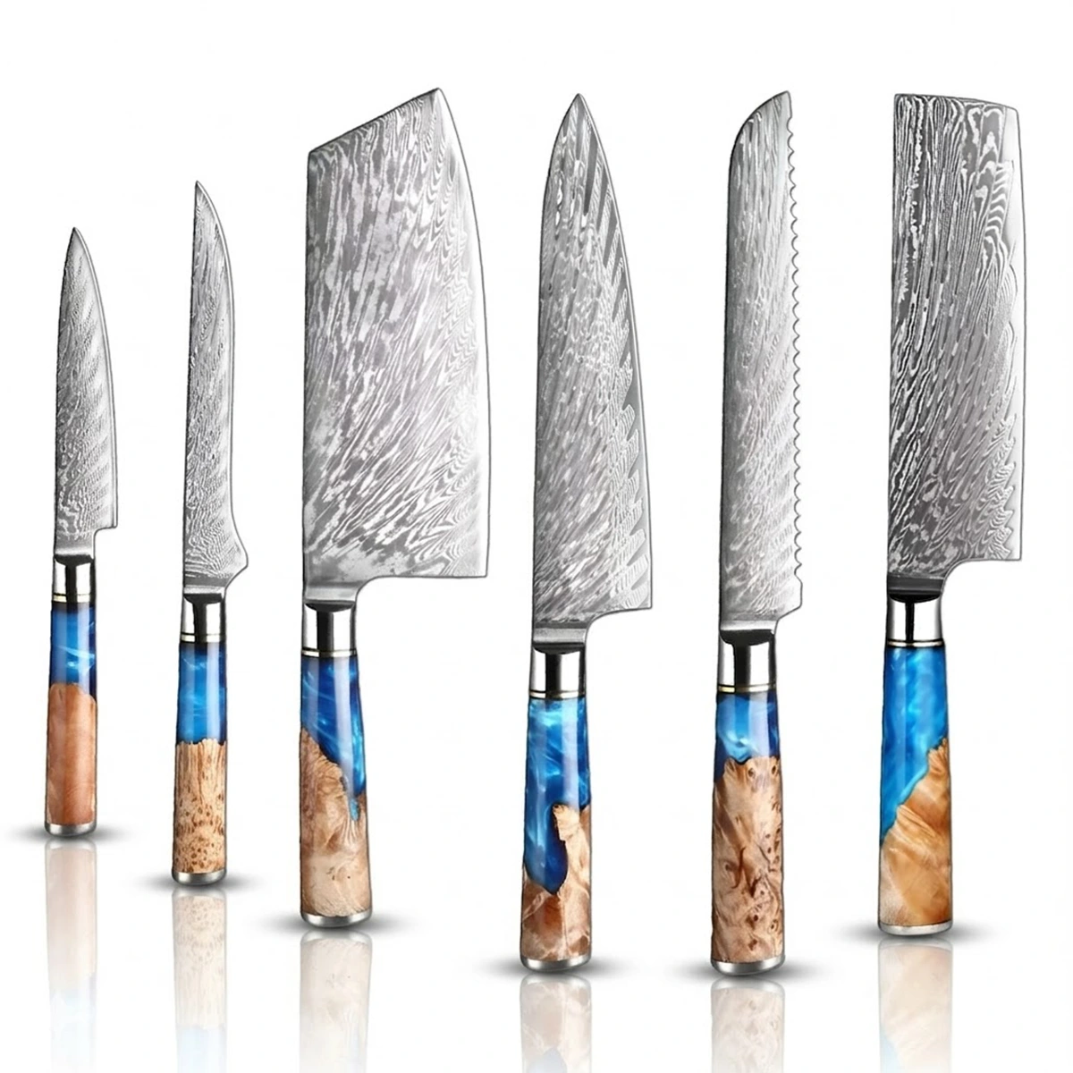 6-Piece Japanese VG10 Damascus Kitchen Knife Set – Blue Resin Wood Handle