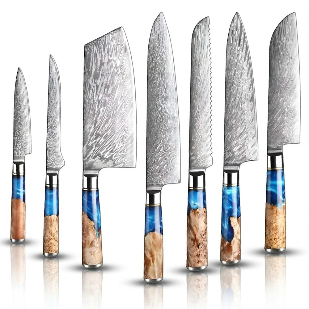 Set of seven knives with unique blade patterns and colorful handles on a white background