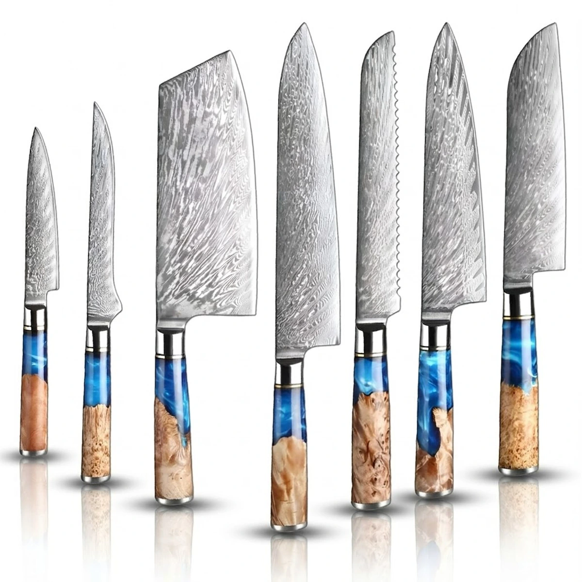 7-Piece Japanese VG10 Damascus Kitchen Knife Set with Blue Resin Wood Handle
