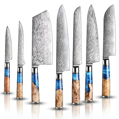 Set of seven knives with unique blade patterns and colorful handles on a white background