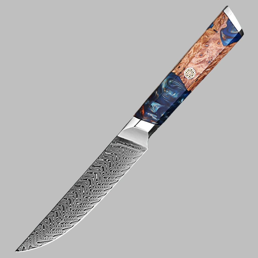 Makito Damascus Steel 5 inch Utility knife With Coloured Blue Resin Handle