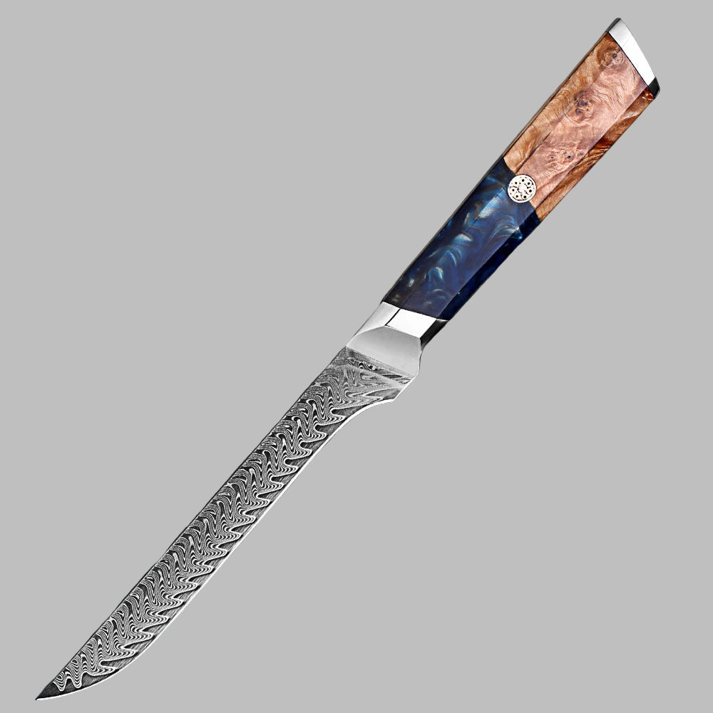 Makito Damascus Steel 6 inch Boning Knife With Coloured Blue Resin Handle