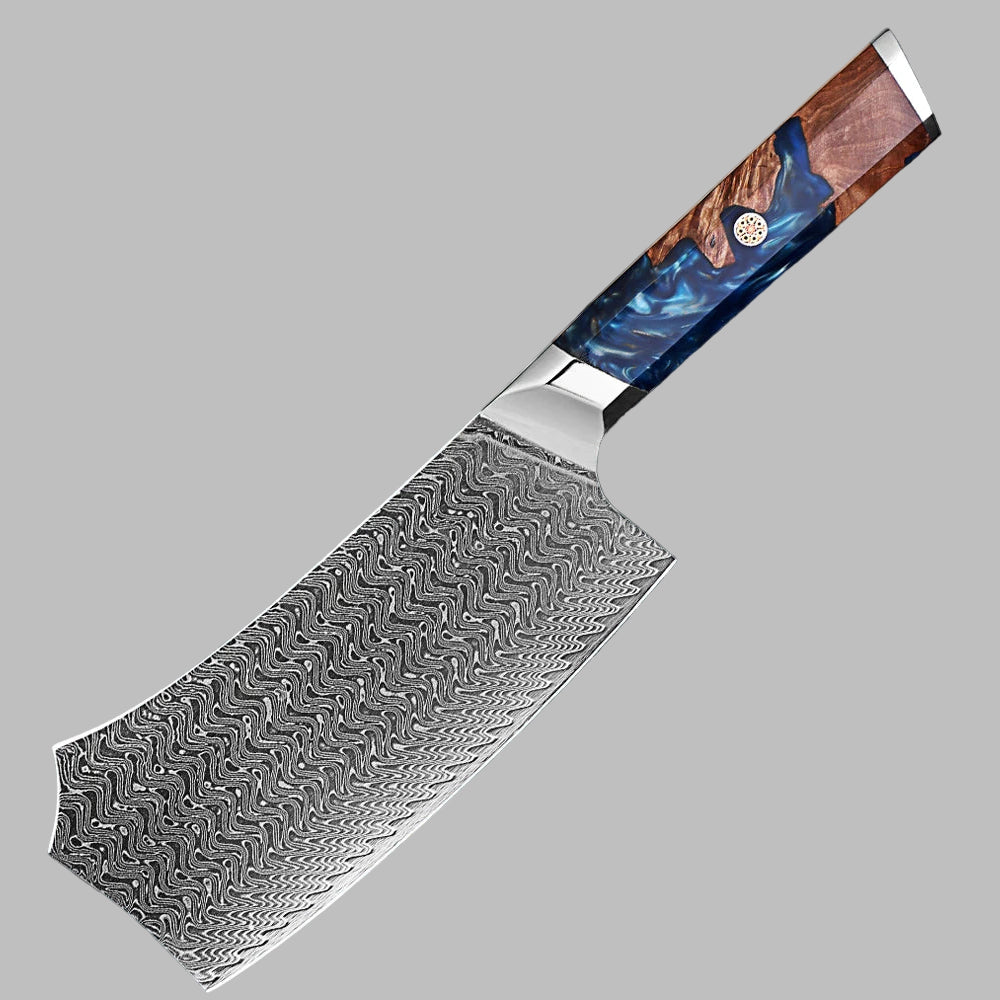 Makito Damascus Steel 7 inch Cleaver Knife With Coloured Blue Resin Handle