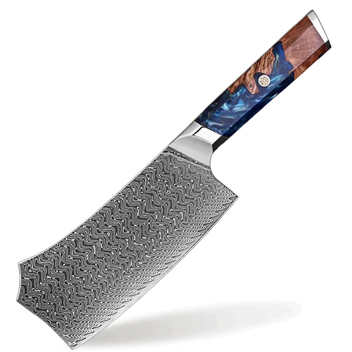 Makito Damascus Steel 7 inch Cleaver Knife With Coloured Blue Resin Handle