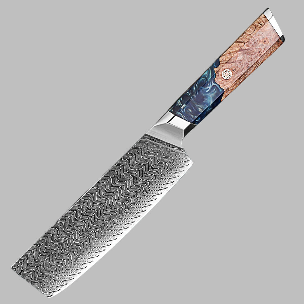 Makito Damascus Steel 7 inch Nakiri Knife With Coloured Blue Resin Handle