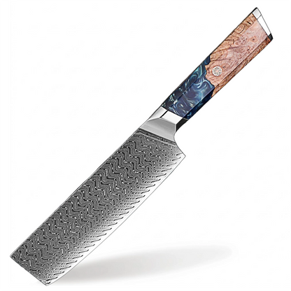 Makito Damascus Steel 7 inch Nakiri Knife With Coloured Blue Resin Handle