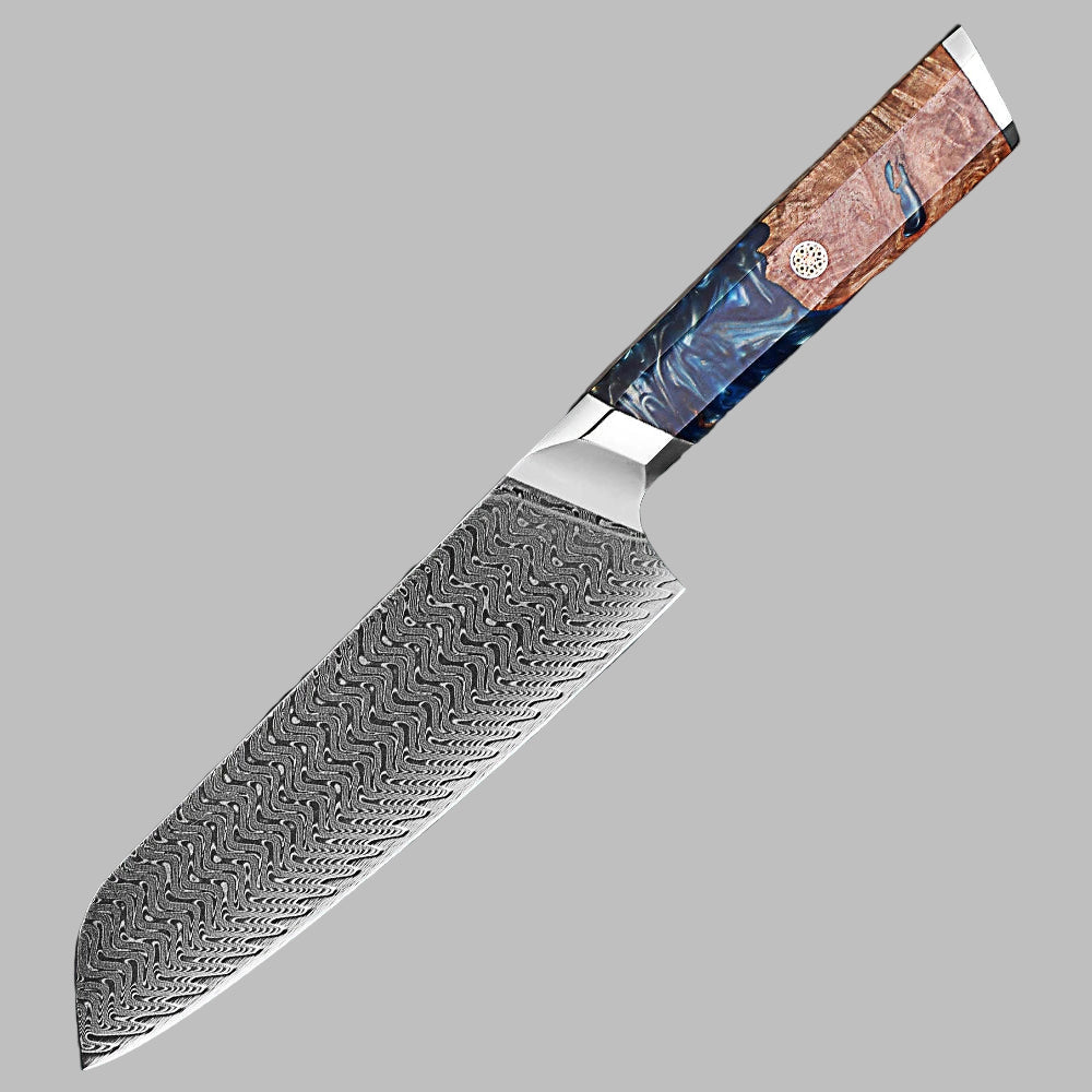 Makito Damascus Steel 7 inch Santoku knife With Coloured Blue Resin Handle