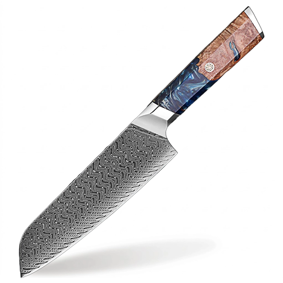 Makito Damascus Steel 7 inch Santoku knife With Coloured Blue Resin Handle