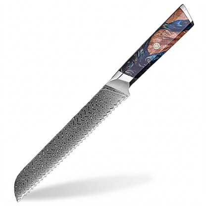Makito Damascus Steel 8 inch Bread knife With Coloured Blue Resin Handle
