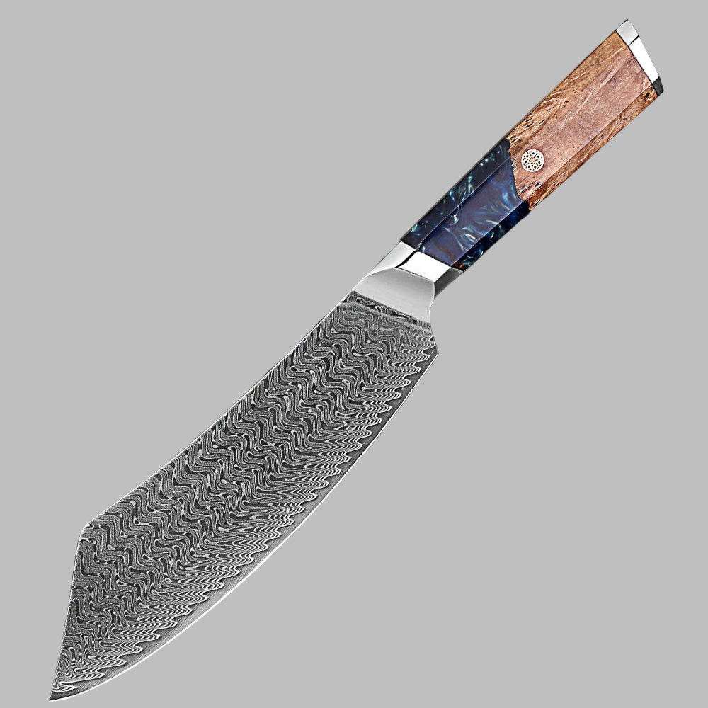 Makito Damascus Steel 8 inch Butcher Knife With Coloured Blue Resin Handle