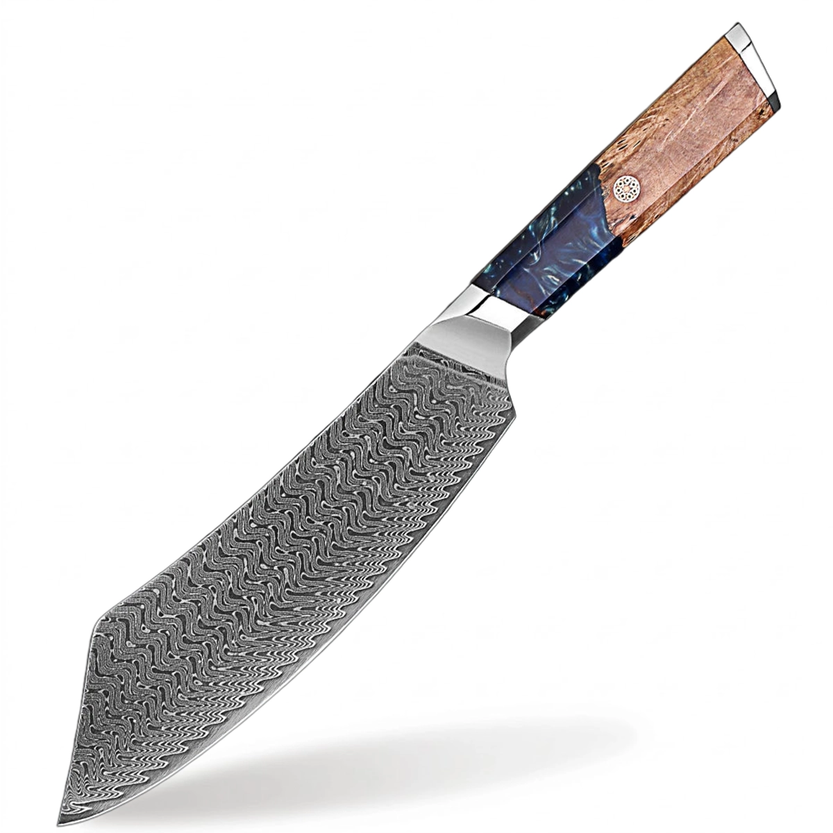 Makito Damascus Steel 8 inch Butcher Knife With Coloured Blue Resin Handle