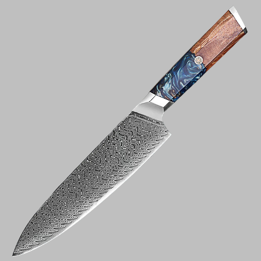 Makito Damascus Steel 8 inch Chef knife With Coloured Blue Resin Handle