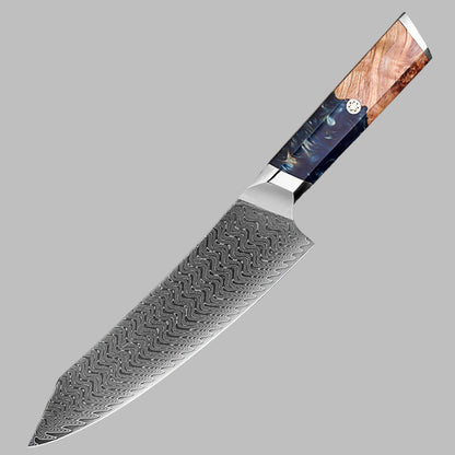 Makito Damascus Steel 8 inch Kiritsuke knife Coloured Blue Resin Handle