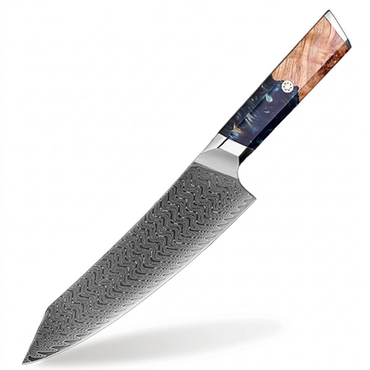 Makito Damascus Steel 8 inch Kiritsuke knife Coloured Blue Resin Handle