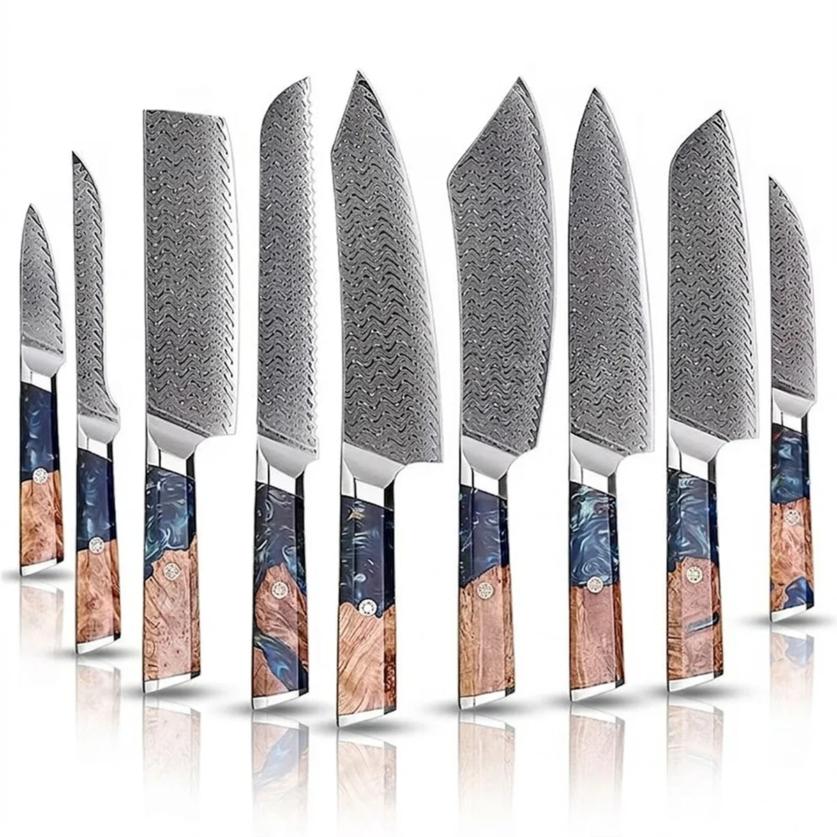 Makito Damascus Steel Knife Set of 10 piece With Coloured Blue Resin Handle