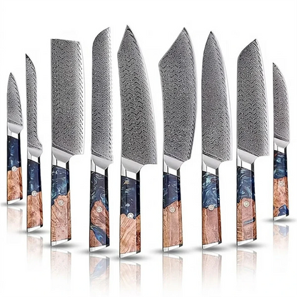 Makito Damascus Steel Knife Set of 10 piece With Coloured Blue Resin Handle