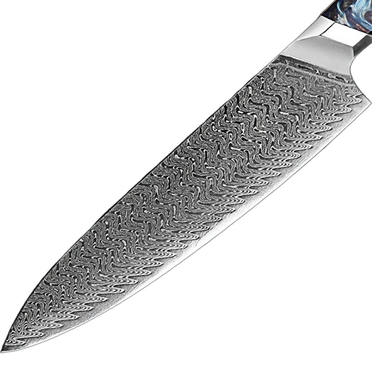 Close-up of a knife blade with intricate patterns on a gray background