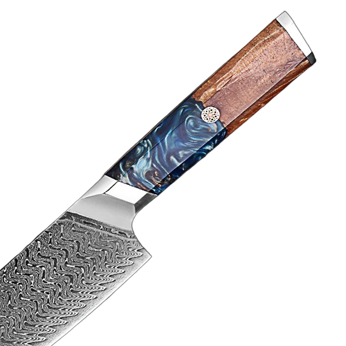 Decorative knife with a wooden handle and marbled pattern on a gray background
