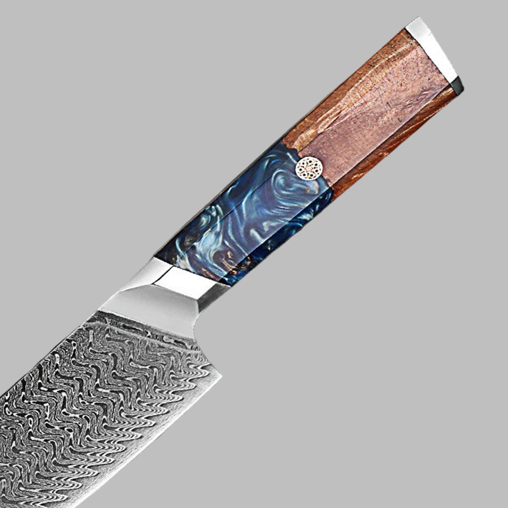 Decorative knife with a wooden handle and marbled pattern on a gray background