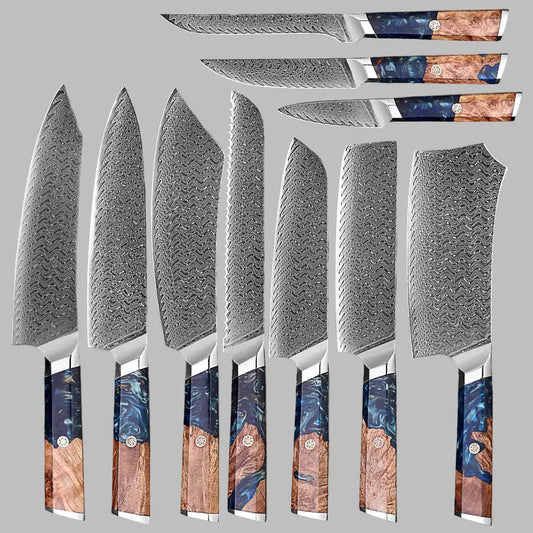 Makito Damascus Steel Knife Set of 10 piece With Coloured Blue Resin Handle