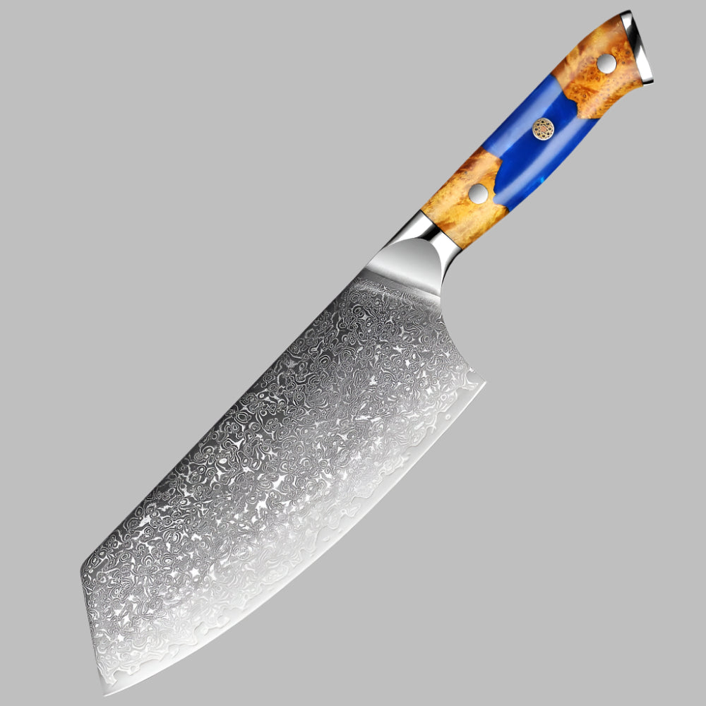 Deluxe Damascus Steel 7 Inch Cleaver Knife With Resin And Wood Blue Handle