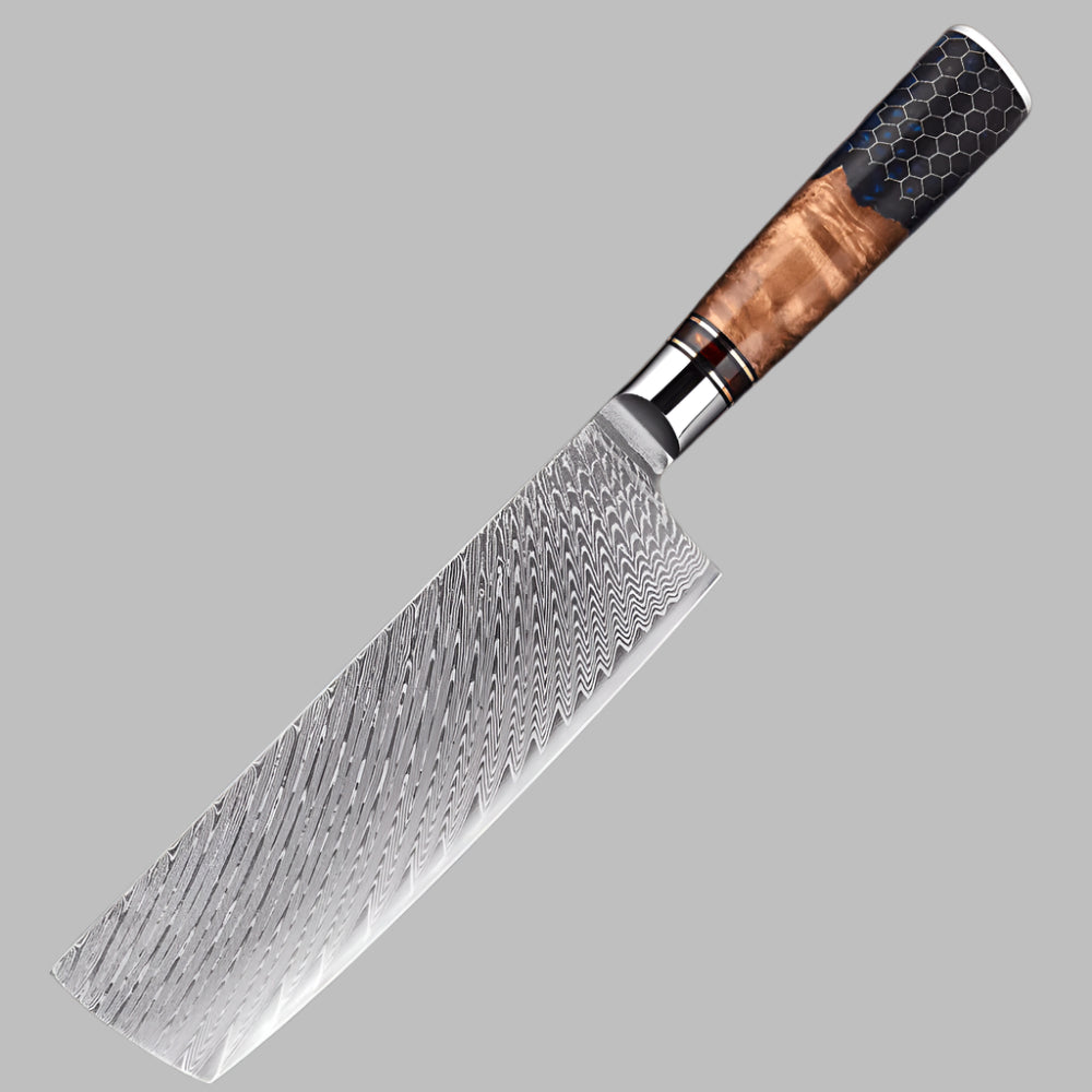 Damascus Steel  7 inch Nakiri knife with Blue Resin Honeycomb Handle