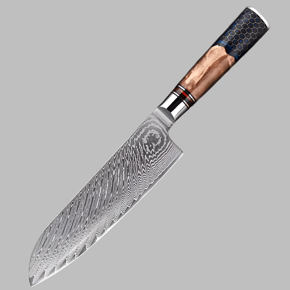 Damascus Steel  7 inch Santoku knife with Blue Resin Honeycomb Handle