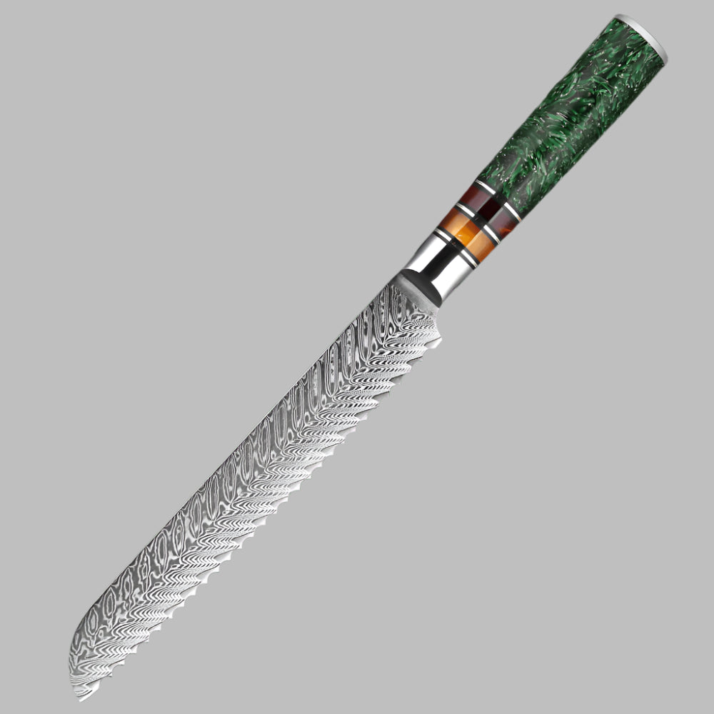 Damascus Steel 8 Inch Bread knife with Green Resin Handle