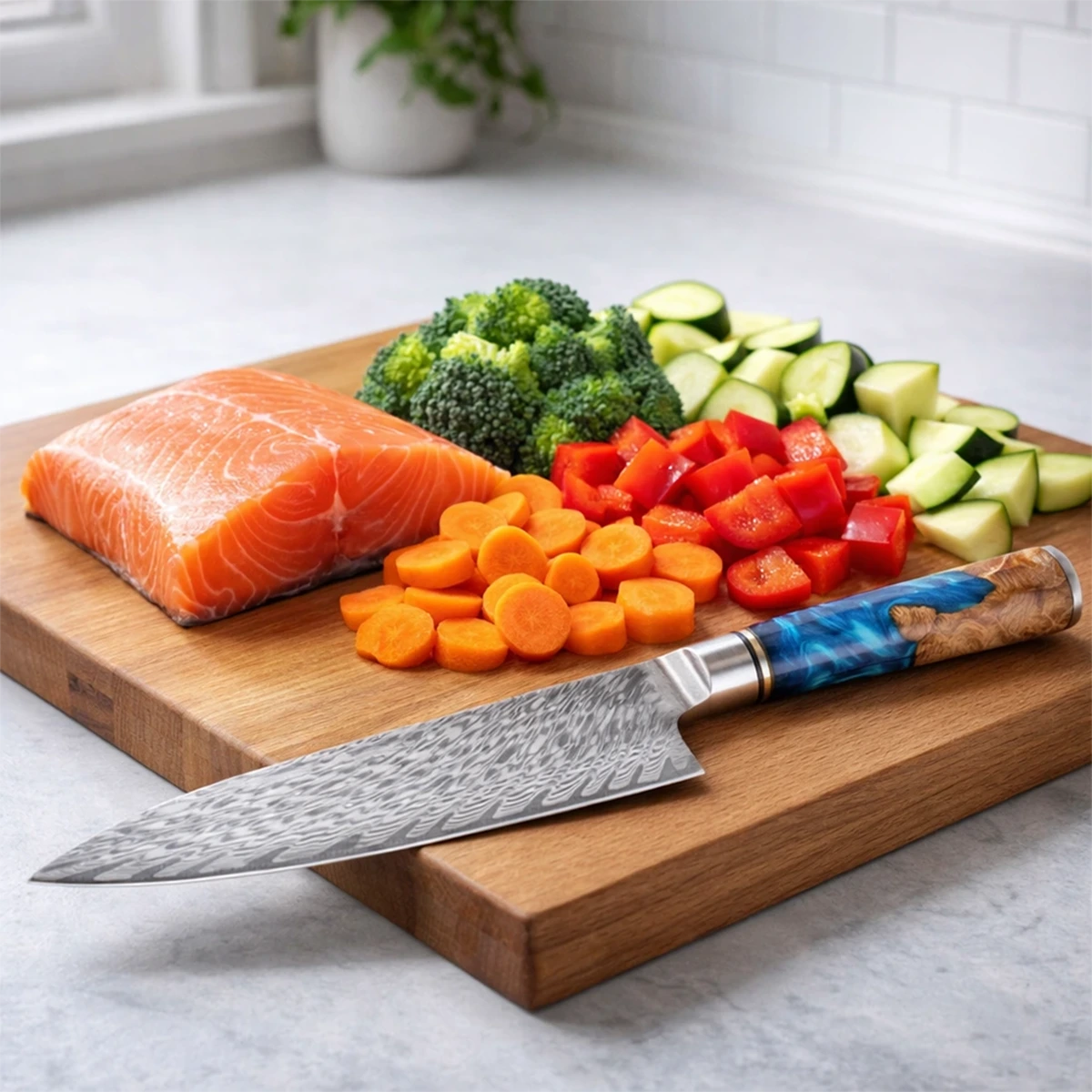 Wooden cutting board with salmon, vegetables, and a knife on a light background