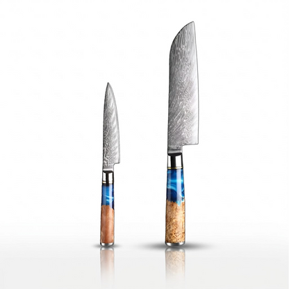 2-Piece Japanese VG10 Damascus Kitchen Knife Set , santoku and utility  with Blue Resin Wood Handle
