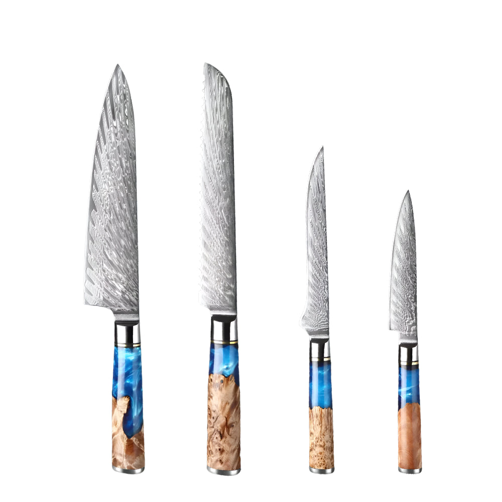 Set of four knives with decorative handles on a white background