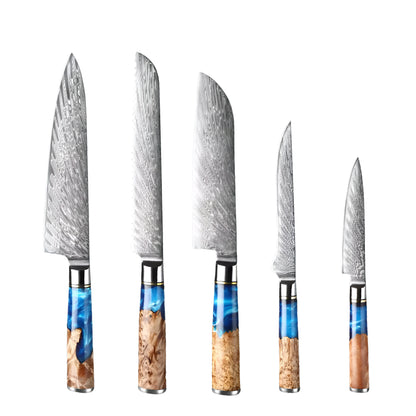 Set of five knives with decorative handles on a white background