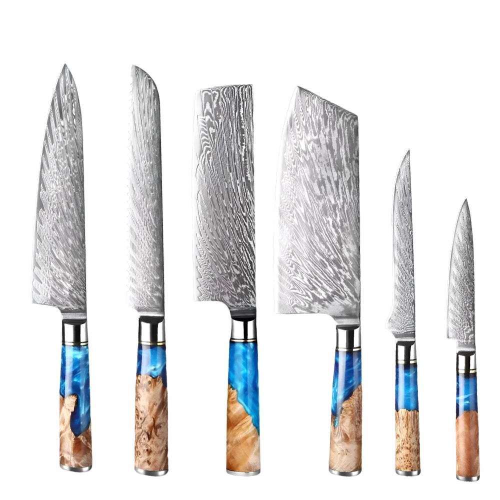 Set of six knives with unique handles on a white background