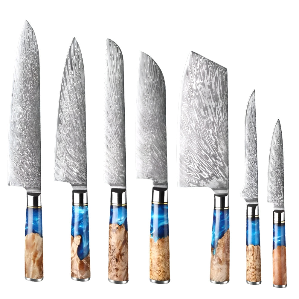 Set of seven knives with unique blade patterns and colorful handles on a white background