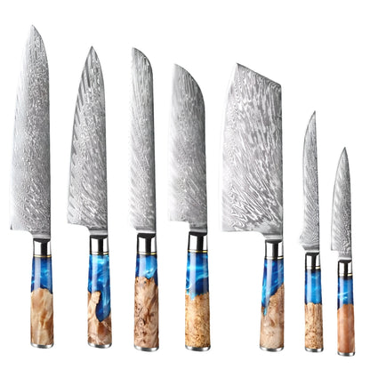 Set of seven knives with unique blade patterns and colorful handles on a white background