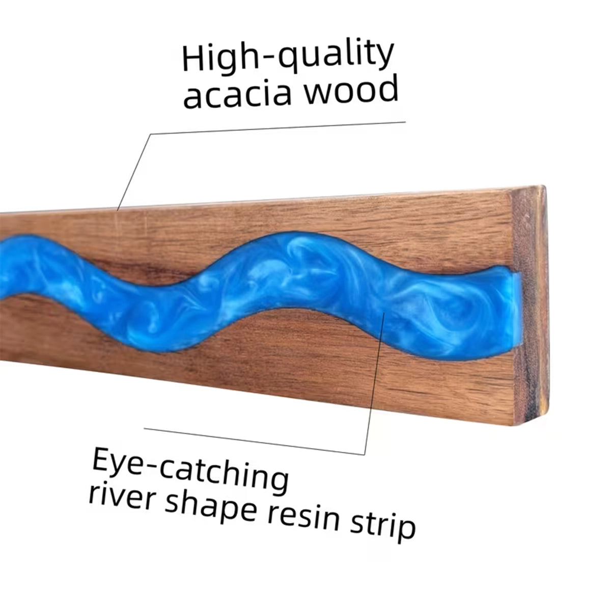 Close up of acacia wood magnetic knife holder with blue resin river showcasing premium craftsmanship and natural wood grain