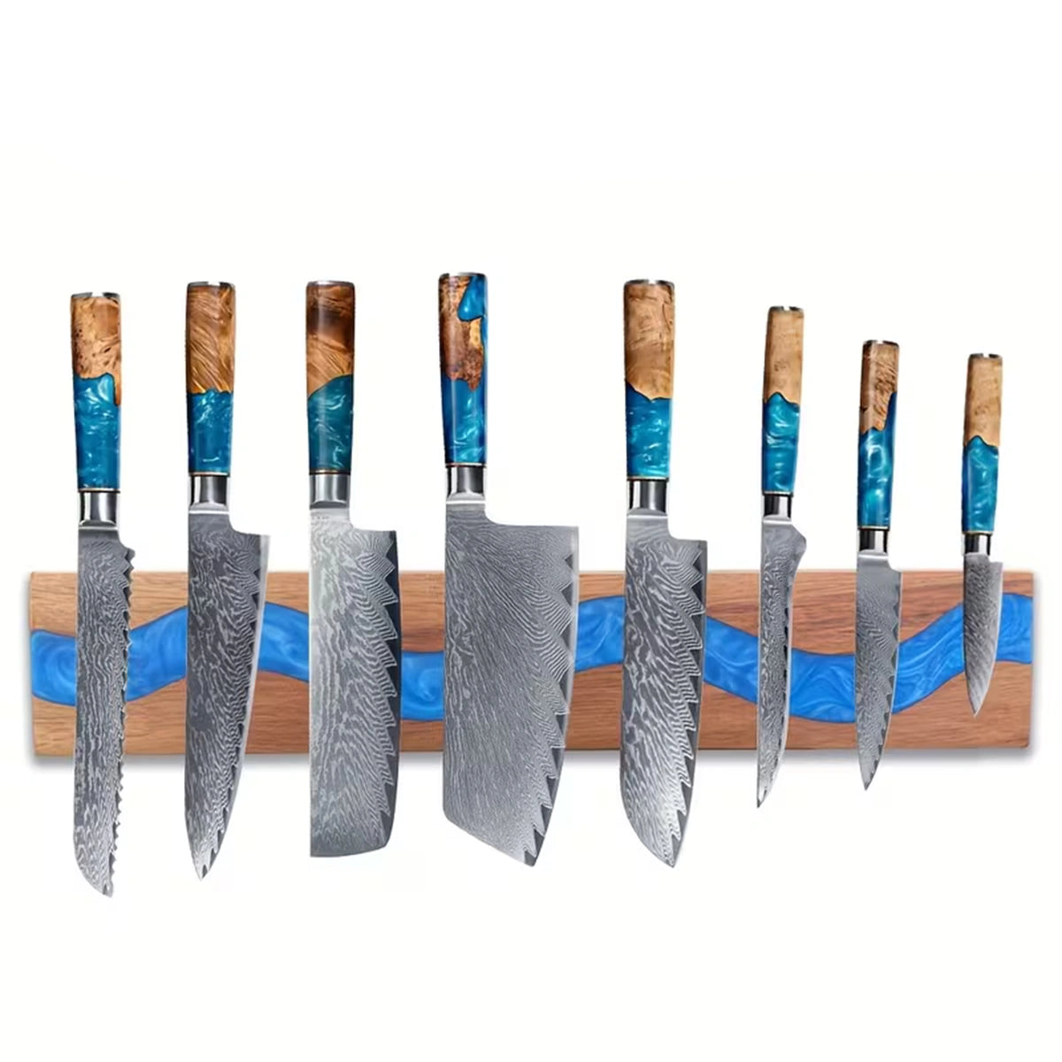 Acacia wood magnetic knife holder with blue resin river displaying premium kitchen knives on a wall mounted magnetic rack